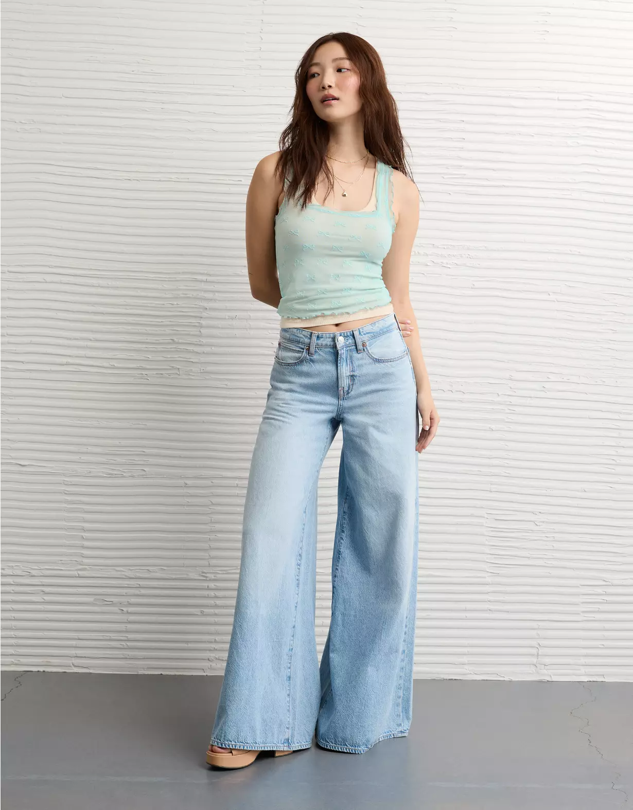 AE Square Neck Bow Mesh Tank Top