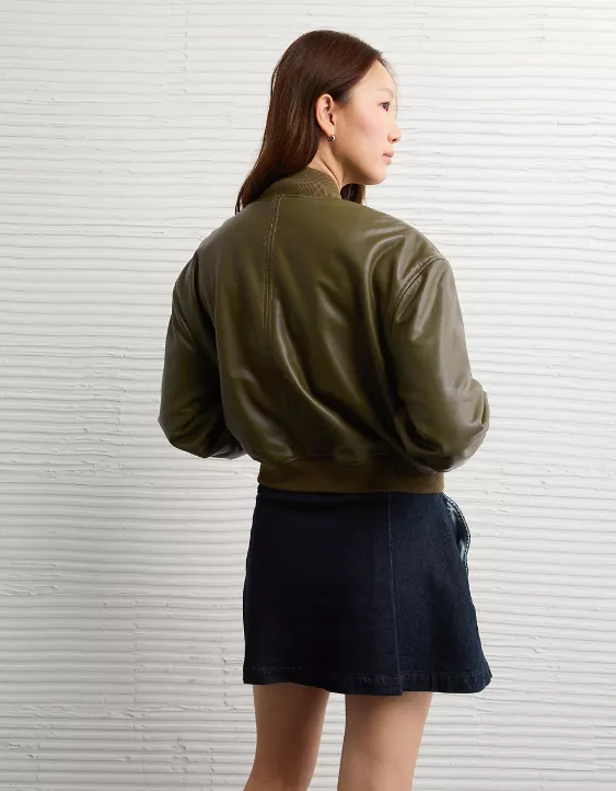 AE Faux Leather Cropped Bomber Jacket - Image 2