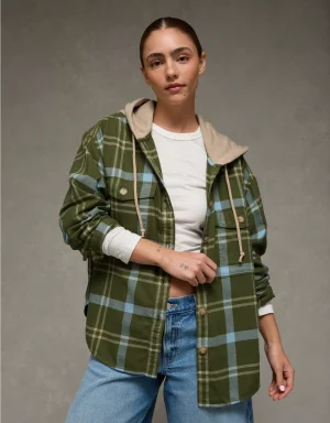 AE Plaid Hooded Button-Up Shirt