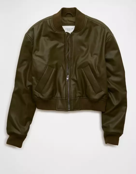 AE Faux Leather Cropped Bomber Jacket - Image 3