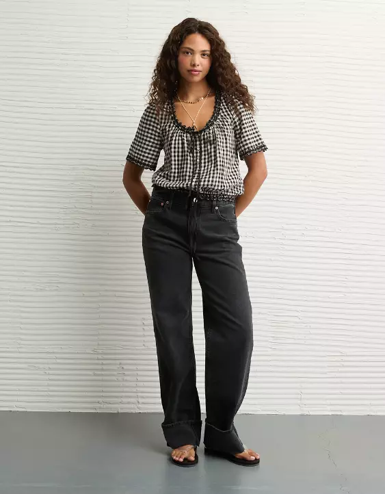 AE Short-Sleeve Gingham Button-Up Blouse - Image 6